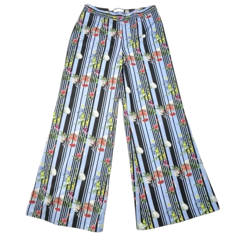 LG Lena Gabrielle Sz 10 stripe floral blue flat front high rise wide leg pants
